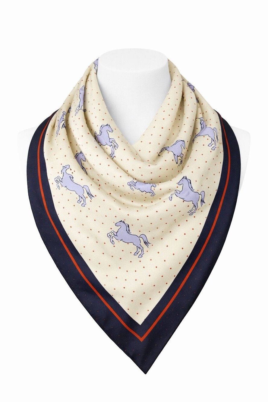 Equestrian Horse Print 100% Silk Scarf Navy & Cream Western Preppy